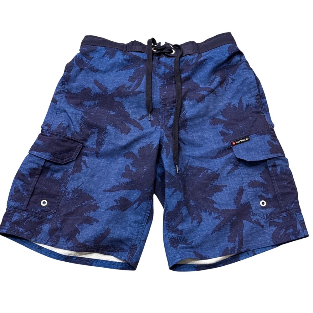 Airwalk Mens Blue Palm Tree Board‎ Shorts Swim Trunks Cargo Pockets Size M